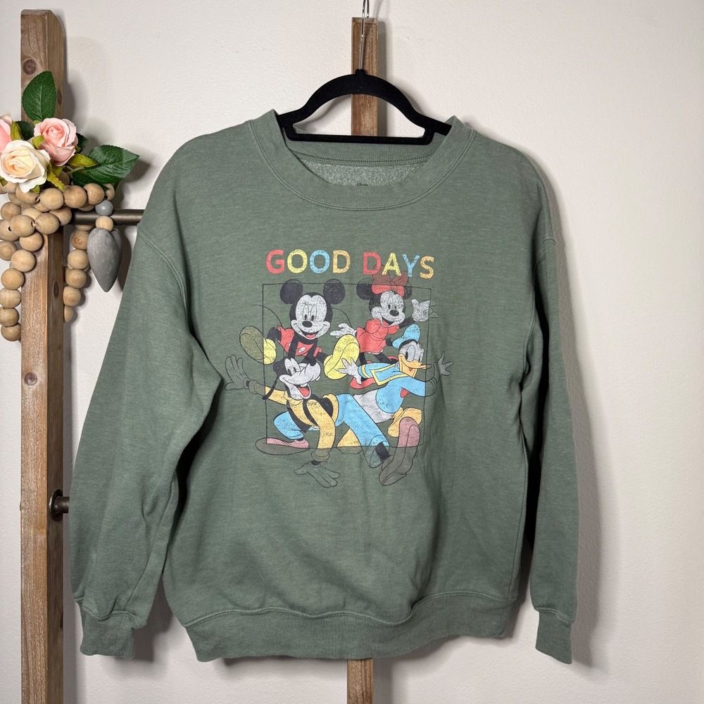 Disney‎ Mickey Friends Sweatshirt Olive Green Good Days Crewneck Size Medium